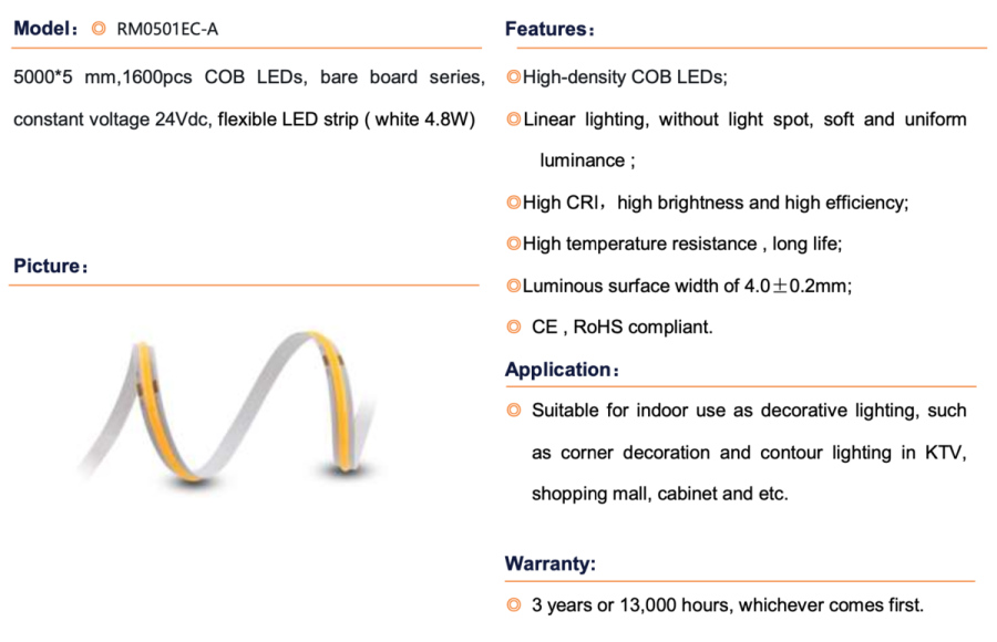 LED лента 24В COB-320 4,8Вт 400Лм RM0501EC-A 2700K CRI90 IP20