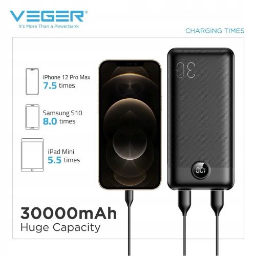 Зовнішній акумулятор Power Bank VEGER 30000MAH (W3008PD)