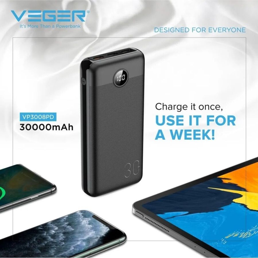 Зовнішній акумулятор Power Bank VEGER 30000MAH (W3008PD)
